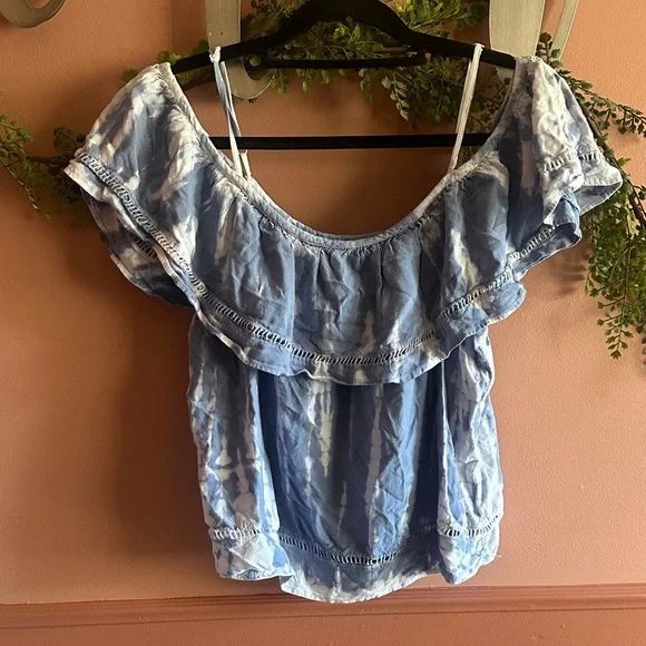 Blue Ruffled Off-Shoulder Top - Picture 2 of 4